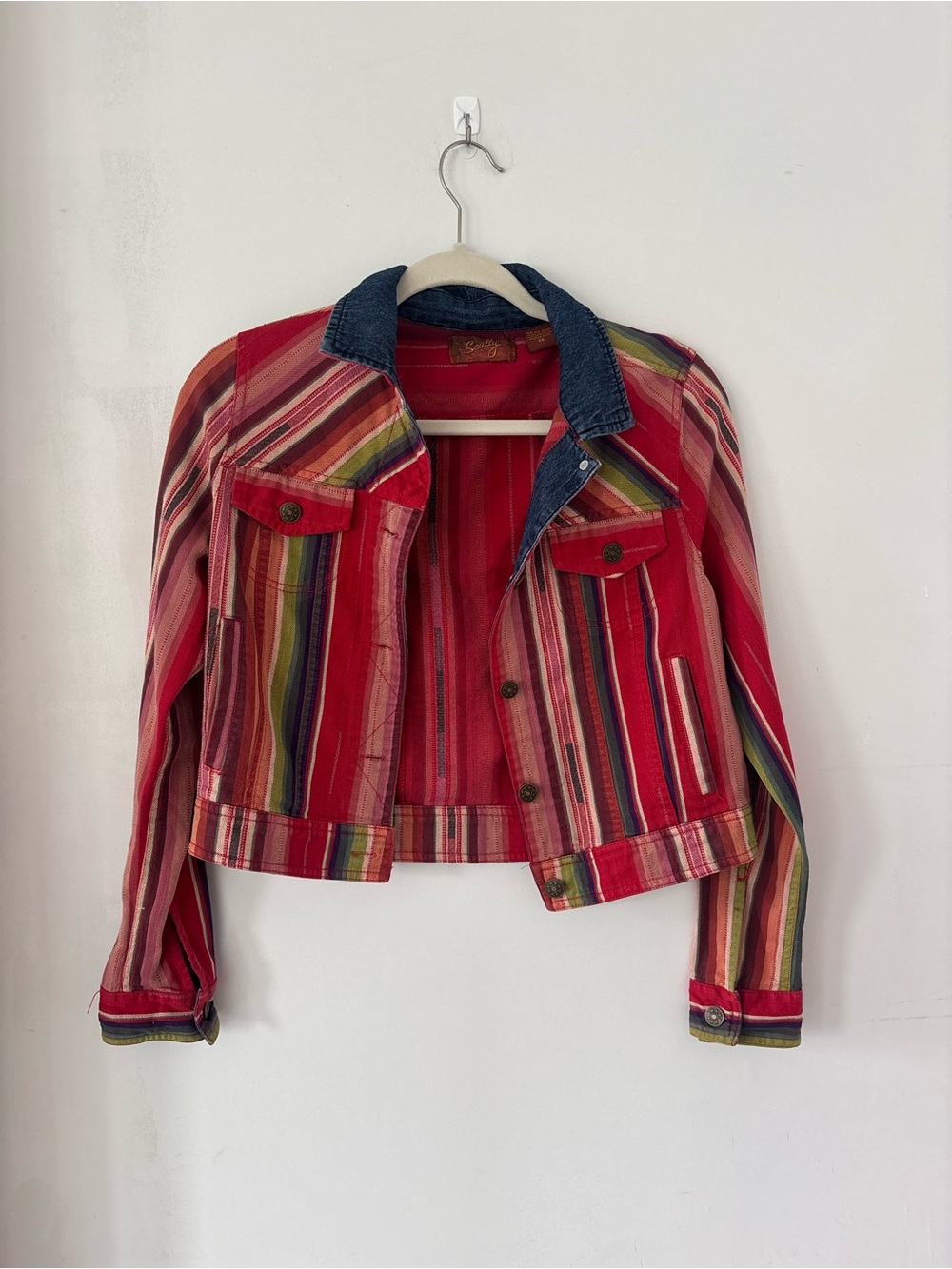 Scully XS Western Bright Red Multi-Stripe Women's Jacket with Denim Collar